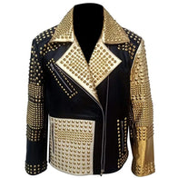 Men’s Black Studded Leather Jacket With Golden Sleeve Leather Jacket men front product view | Dash Racegear — Men's Golden Sleeve Studded Black Leather Jacket