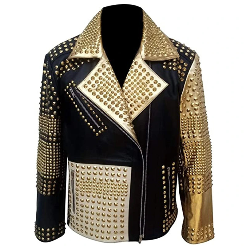Men’s Black Studded Leather Jacket With Golden Sleeve Leather Jacket men front product view | Dash Racegear — Men's Golden Sleeve Studded Black Leather Jacket