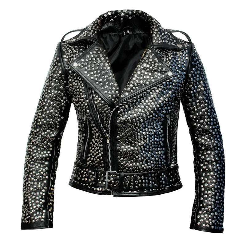Patrick Studded Black Leather Jacket Leather Jacket unisex front product view | Dash Racegear — Silver Studded Black Leather Jacket