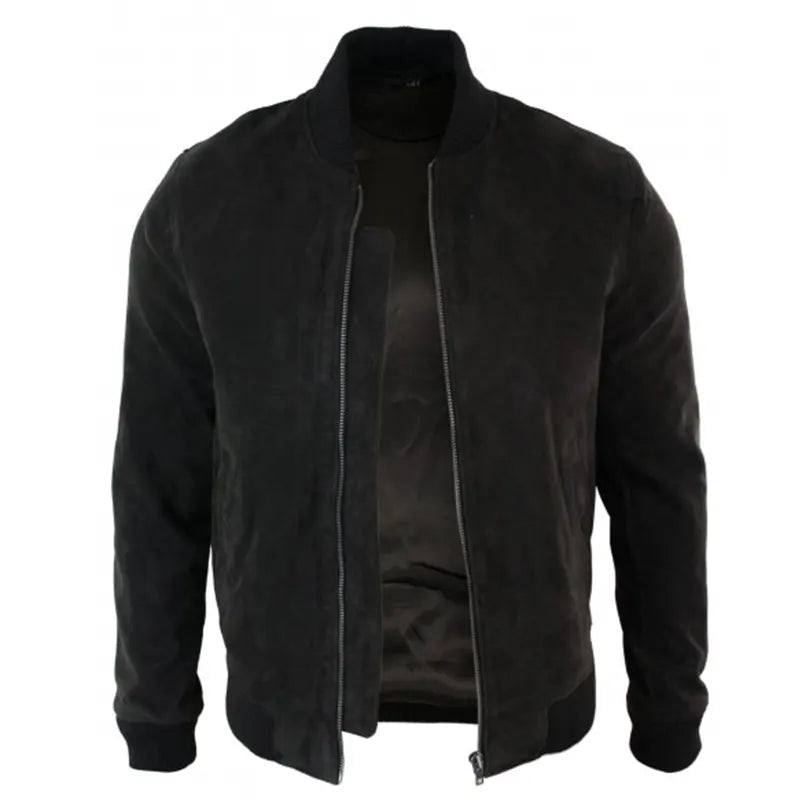 Men’s Black Suede Bomber Leather Jacket Bomber Jacket men detail view 3 | Dash Racegear — Black Suede Bomber Leather Jacket