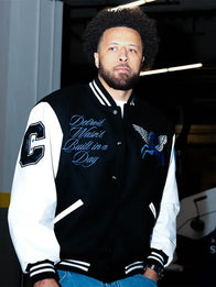 Cade Cunningham Ford Jacket Jacket unisex front product view | Dash Racegear — Cade Cunningham custom Ford varsity jacket in black & white, wool body with leather sleeves, bold unisex streetwear style.