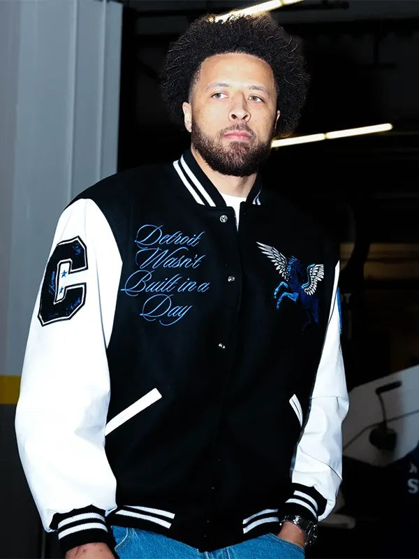 Cade Cunningham Ford Jacket Jacket unisex front product view | Dash Racegear — Cade Cunningham custom Ford varsity jacket in black & white, wool body with leather sleeves, bold unisex streetwear style.