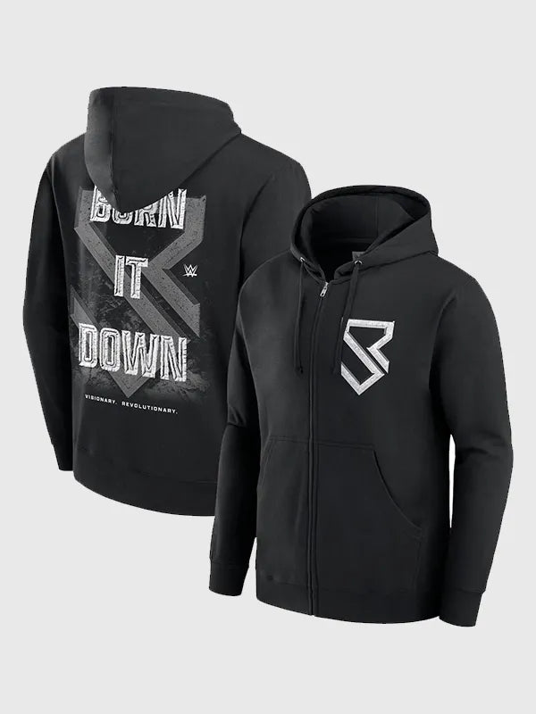 Seth Rollins Burn It Down Hoodie Hoodie unisex front product view | Dash Racegear — Seth Rollins Burn It Down Full-Zip Hoodie - Black