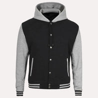 Mens Black and Gray Varsity Jacket Varsity Jacket men front product view | Dash Racegear — Black and Gray Varsity Jacket With Hood