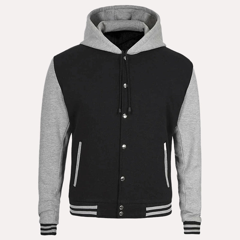 Mens Black and Gray Varsity Jacket Varsity Jacket men front product view | Dash Racegear — Black and Gray Varsity Jacket With Hood