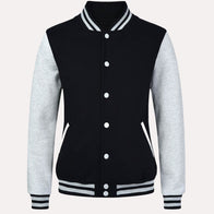 Womens Black and Grey Varsity Jacket Varsity Jacket women front product view | Dash Racegear — Womens Black and Grey Fleece Varsity Jacket