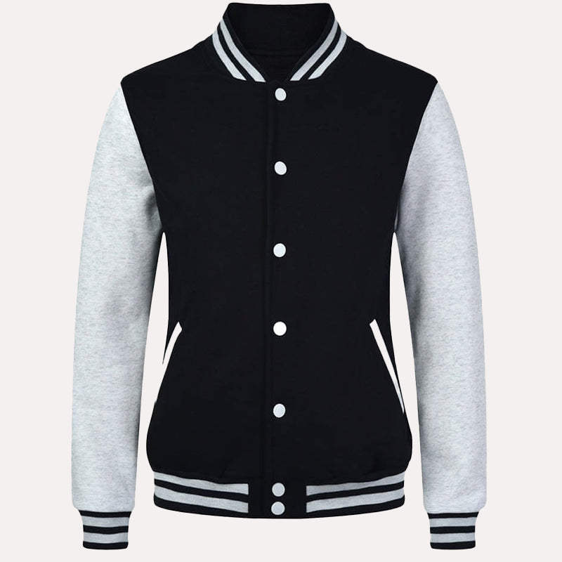 Womens Black and Grey Varsity Jacket Varsity Jacket women front product view | Dash Racegear — Womens Black and Grey Fleece Varsity Jacket