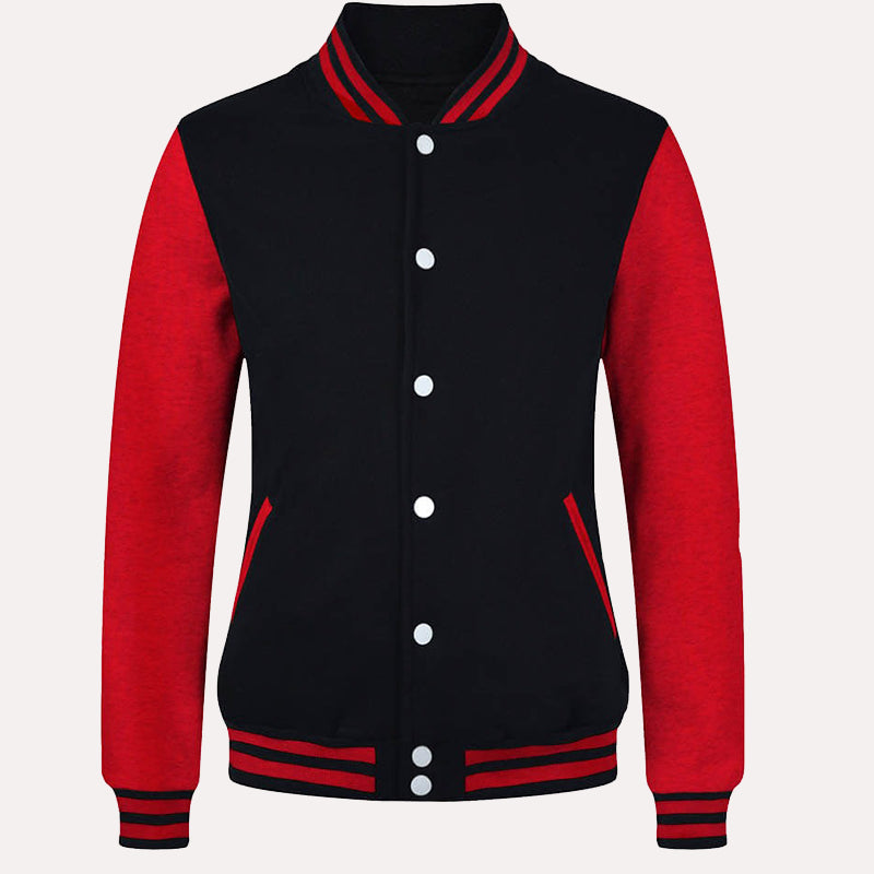Womens Black and Red Varsity Jacket Varsity Jacket women front product view | Dash Racegear — Womens Black and Red Fleece Varsity Jacket