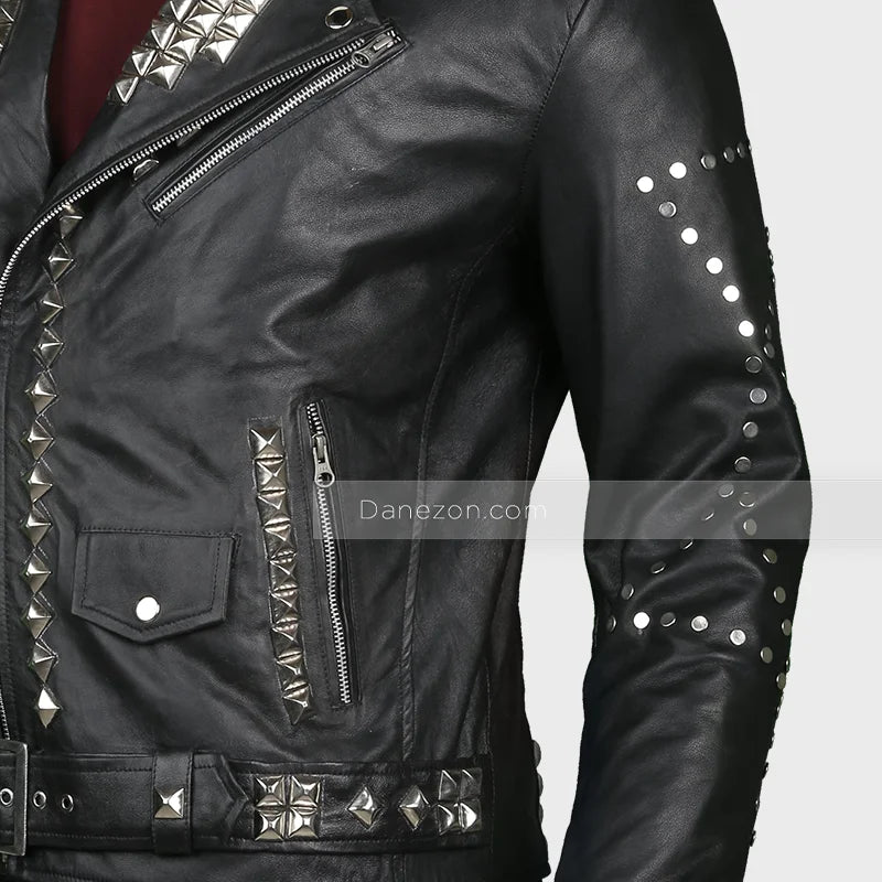 Mens Black Biker Studded Leather Jacket Biker Jacket men detail view 2 | Dash Racegear — black motorcycle studded jacket