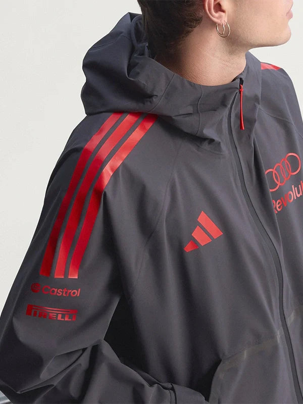 Adidas x Audi Revolut F1 Mechanics Rain Jacket Jacket unisex detail view 4 | Dash Racegear — Black Adidas x Audi Revolut F1 hooded rain jacket with practical full zip, perfect for motorsport team support.