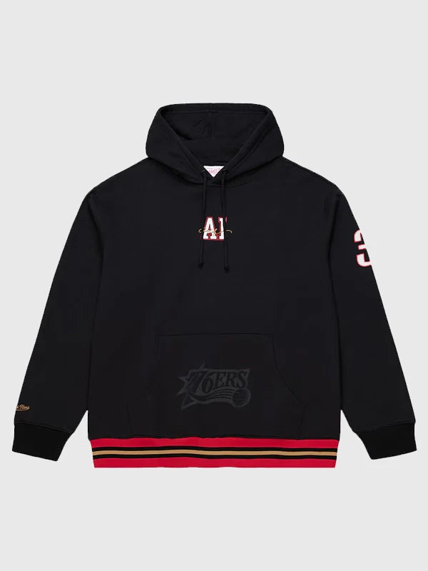 Allen Iverson 76ers x Mitchell & Ness Playmaker Hoodie Hoodie unisex front product view | Dash Racegear — Philadelphia 76ers x Mitchell & Ness Allen Iverson black playmaker fleece hoodie, perfect for fans.