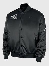 Nike Jackie Robinson Satin Jacket Jacket unisex front product view | Dash Racegear — Black Nike satin bomber jacket Jackie Robinson edition, sleek streetwear piece for everyday style.
