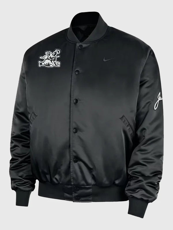 Nike Jackie Robinson Satin Jacket Jacket unisex front product view | Dash Racegear — Black Nike satin bomber jacket Jackie Robinson edition, sleek streetwear piece for everyday style.