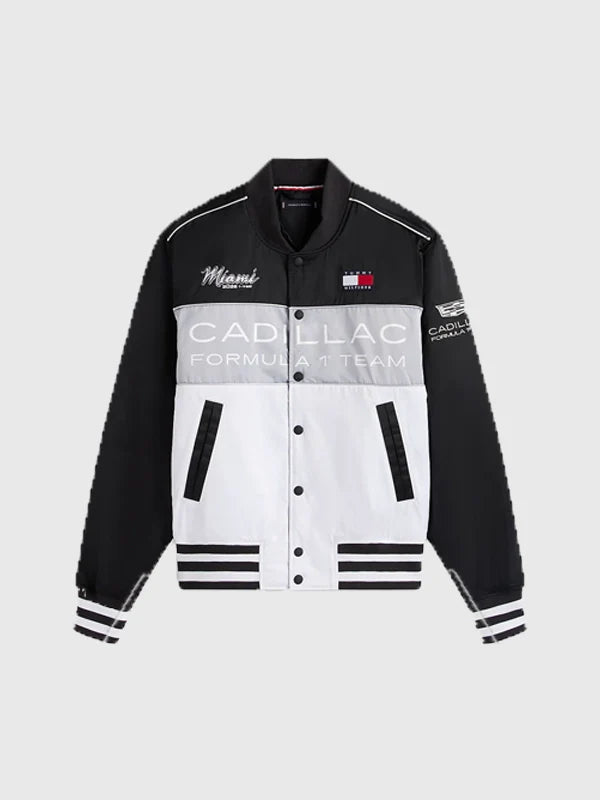 Tommy Hilfiger x Cadillac F1 Team Miami Varsity Jacket Varsity Jacket unisex detail view 3 | Dash Racegear — 2026 Tommy Hilfiger x Cadillac F1 Miami Varsity Jacket Black & White sporty varsity fit with motorsport branding for everyday unisex wear