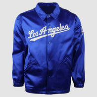 LA Dodgers 1962 Blue Satin Windbreaker Jacket Jacket unisex front product view | Dash Racegear — Retro Blue Satin Jacket – LA Dodgers Style