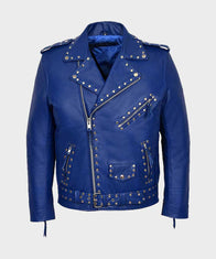 Blue Motorcycle Studded Leather Jacket Leather Jacket unisex front product view | Dash Racegear — Motorcycle Studded Blue Jacket