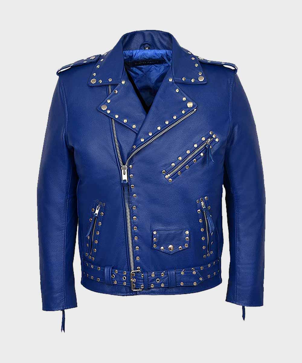 Blue Motorcycle Studded Leather Jacket Leather Jacket unisex front product view | Dash Racegear — Motorcycle Studded Blue Jacket