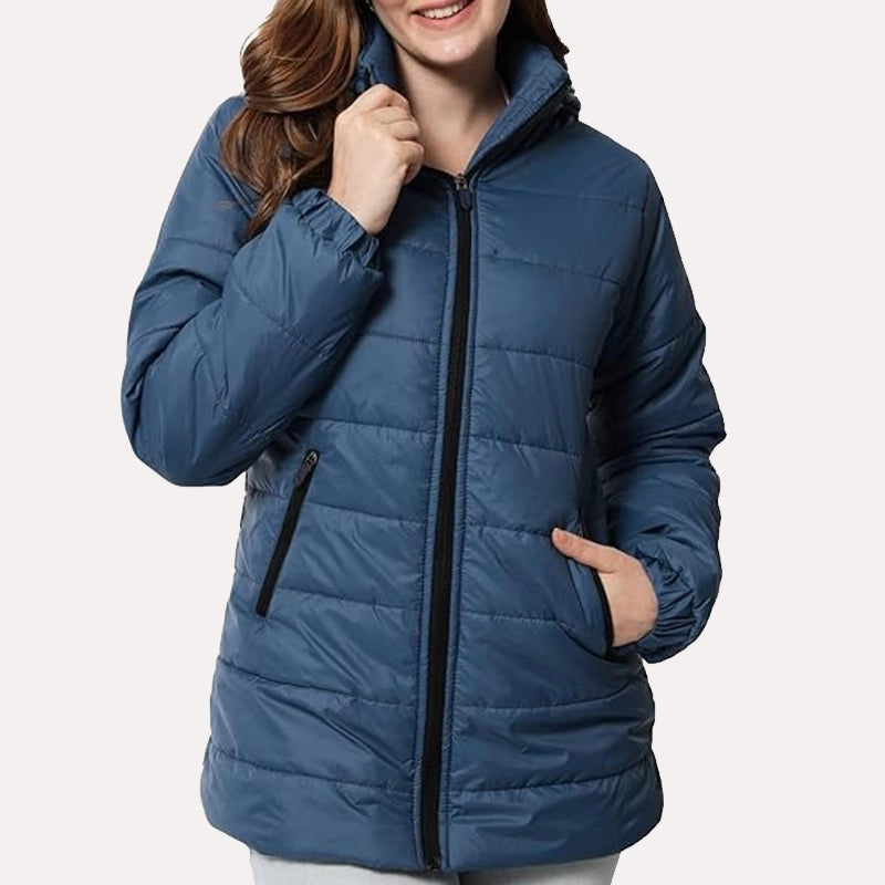 Womens Blue Puffer Jacket Puffer Jacket women front product view | Dash Racegear — Blue Hooded Puffer Jacket