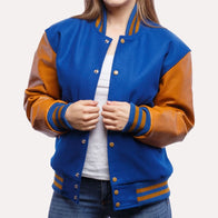 Womens Blue and Gold Leather Sleeves Varsity Jacket Varsity Jacket women front product view | Dash Racegear — Blue and Gold Wool and Leather Sleeves Varsity Jacket