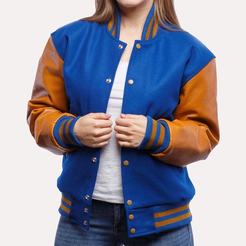 Womens Blue and Gold Leather Sleeves Varsity Jacket Varsity Jacket women front product view | Dash Racegear — Blue and Gold Wool and Leather Sleeves Varsity Jacket