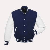 Mens Blue and White Varsity Jacket Varsity Jacket men front product view | Dash Racegear — Mens Blue and White Varsity Jacket