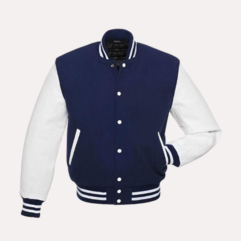 Mens Blue and White Varsity Jacket Varsity Jacket men front product view | Dash Racegear — Mens Blue and White Varsity Jacket