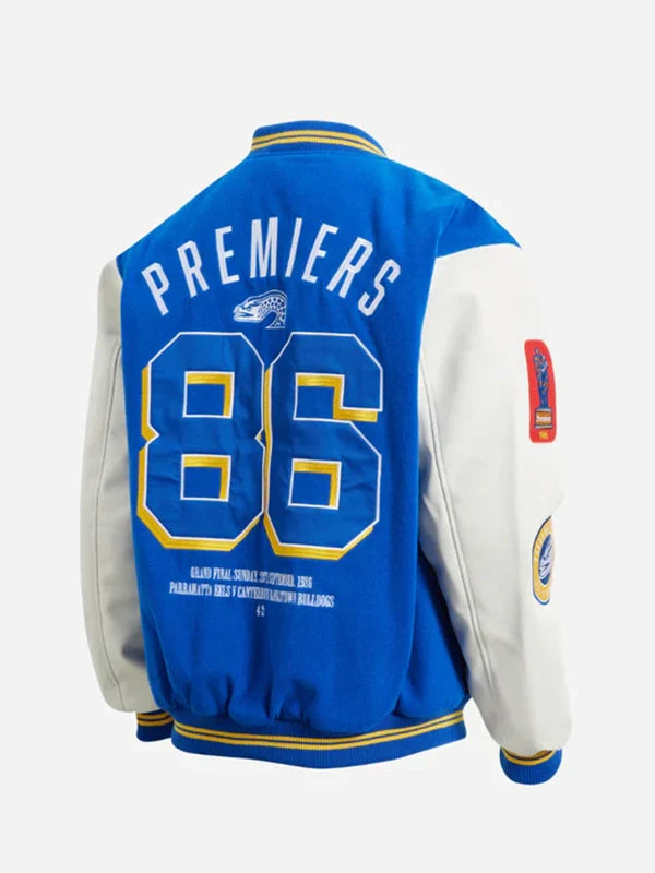 Parramatta Eels 1986 Premiers Varsity Jacket Varsity Jacket unisex detail view 5 | Dash Racegear — Blue & white Parramatta Eels 1986 Premiers varsity jacket with wool and leather for fan style.