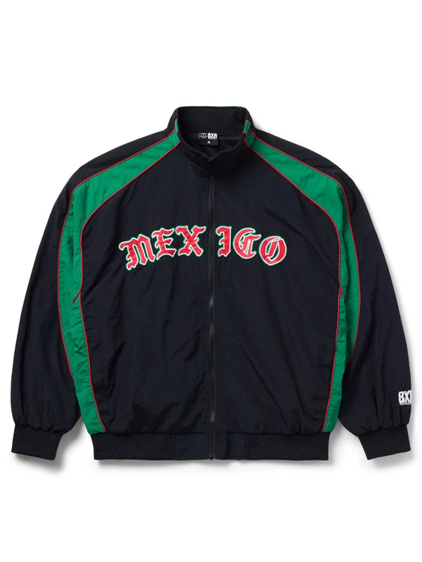 BXR Sport Mexico Warm Up Windbreaker Jacket Jacket unisex front product view | Dash Racegear — Born x Raised Mexico 2026 warm-up windbreaker jacket in black and green with sporty streetwear football style.