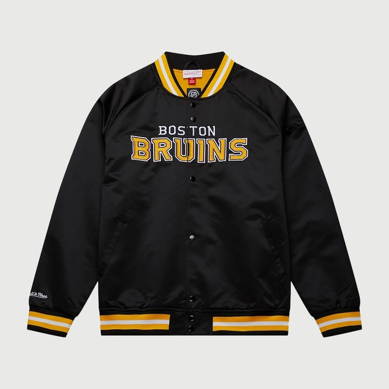Boston Bruins Satin Raglan Jacket Jacket unisex front product view | Dash Racegear — Keep your game day style on point with the Boston Bruins satin raglan jacket, perfect for fans.