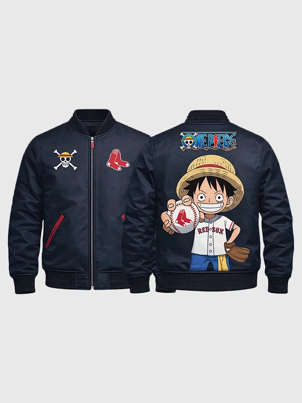 One Piece Red Sox Jacket Jacket unisex detail view 4 | Dash Racegear — Navy blue bomber jacket inspired by One Piece and Boston Red Sox aesthetics, designed with a relaxed sporty appearance.