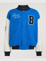 Adidas Boston Marathon 26 Varsity Jacket Varsity Jacket unisex detail view 2 | Dash Racegear — Blue and white Adidas Boston Marathon 26 wool varsity jacket, unisex fit, ideal for casual layering or events.