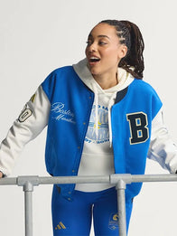 Adidas Boston Marathon 26 Varsity Jacket Varsity Jacket unisex front product view | Dash Racegear — Unisex Adidas Boston Marathon 26 varsity jacket in blue & white wool, perfect for runners and fans alike.