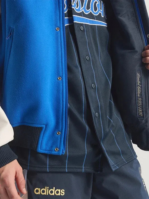 Adidas Boston Marathon 26 Varsity Jacket Varsity Jacket unisex detail view 5 | Dash Racegear — Boston Marathon 26 Adidas varsity jacket in blue & white wool, unisex fit, perfect for marathon supporters.