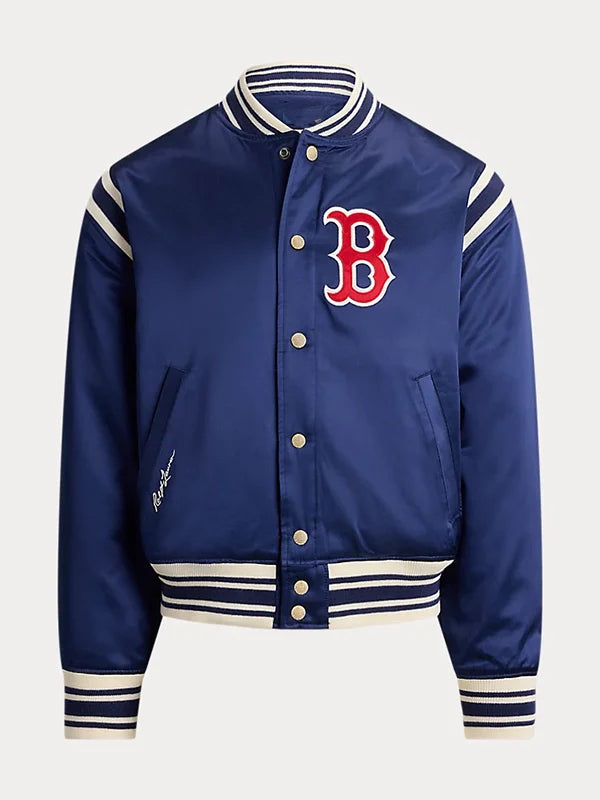 Polo Ralph Lauren Red Sox Jacket Jacket unisex front product view | Dash Racegear — Ralph Lauren x MLB Boston Red Sox satin varsity bomber jacket, perfect for fans and streetwear.