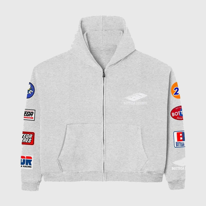 Bottega Desires Patches Hoodie Hoodie unisex front product view | Dash Racegear — Bottega Desires Patches Hoodie – Art Meets Streetwear