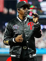 Boyz II Men MLB All-Star Game 2026 Satin Jacket Jacket unisex front product view | Dash Racegear — MLB All-Star Game 2026 Philadelphia Phillies varsity jacket blending Boyz II Men inspiration with sleek satin craftsmanship.