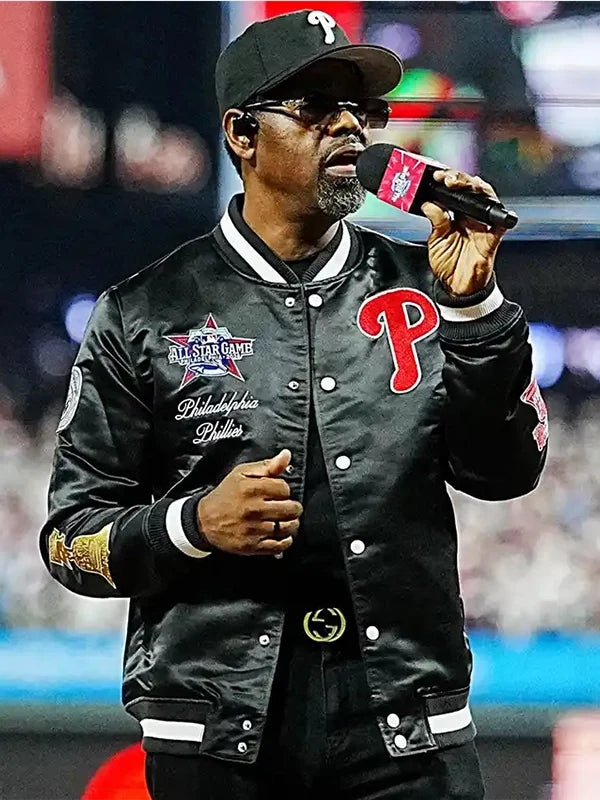 Boyz II Men MLB All-Star Game 2026 Satin Jacket Jacket unisex front product view | Dash Racegear — MLB All-Star Game 2026 Philadelphia Phillies varsity jacket blending Boyz II Men inspiration with sleek satin craftsmanship.