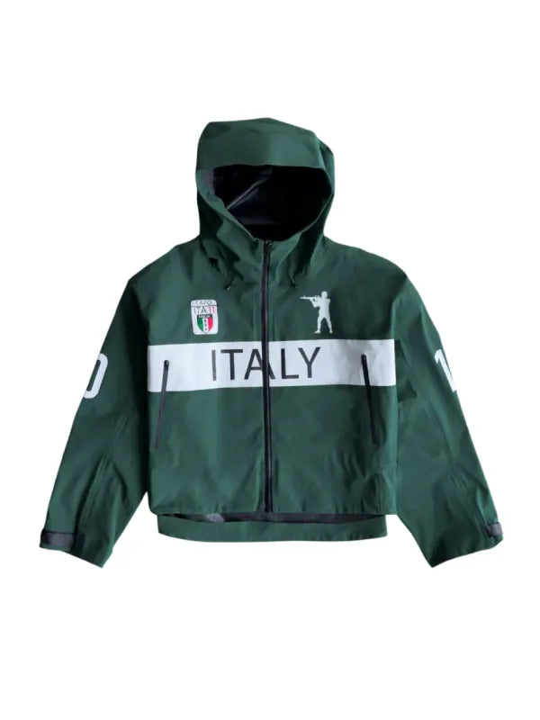 Bravest Italy Jacket Jacket unisex detail view 3 | Dash Racegear — Bravest Italy green shell jacket with protective hood and sleek design, ideal for everyday urban adventures.