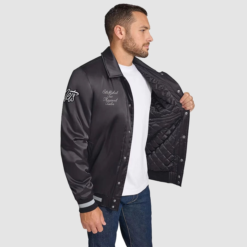 Brooklyn Nets Stitch Applique Satin Jacket Black Jacket unisex detail view 3 | Dash Racegear — NBA-Inspired Black Satin Jacket – Brooklyn Nets Edition
