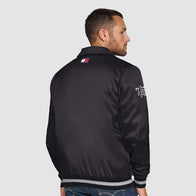 Brooklyn Nets Stitch Applique Satin Jacket Black Jacket unisex detail view 2 | Dash Racegear — Black Satin Varsity Jacket – Brooklyn Nets Appliqué Design