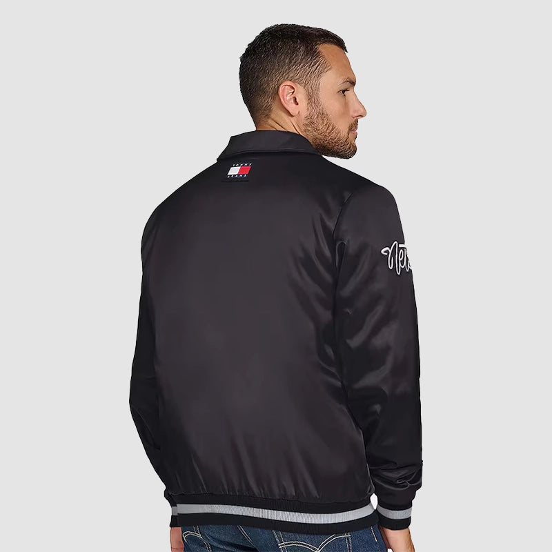 Brooklyn Nets Stitch Applique Satin Jacket Black Jacket unisex detail view 2 | Dash Racegear — Black Satin Varsity Jacket – Brooklyn Nets Appliqué Design