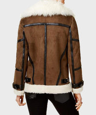 Womens Brown Faux Fur Asymmetrical Leather Jacket Leather Jacket women detail view 2 | Dash Racegear — Womens Brown Asymmetrical Leather Shearling Jacket