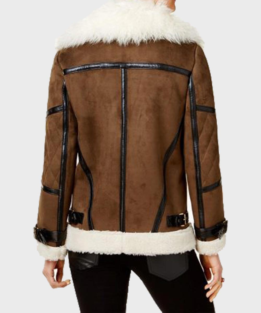 Womens Brown Faux Fur Asymmetrical Leather Jacket Leather Jacket women detail view 2 | Dash Racegear — Womens Brown Asymmetrical Leather Shearling Jacket