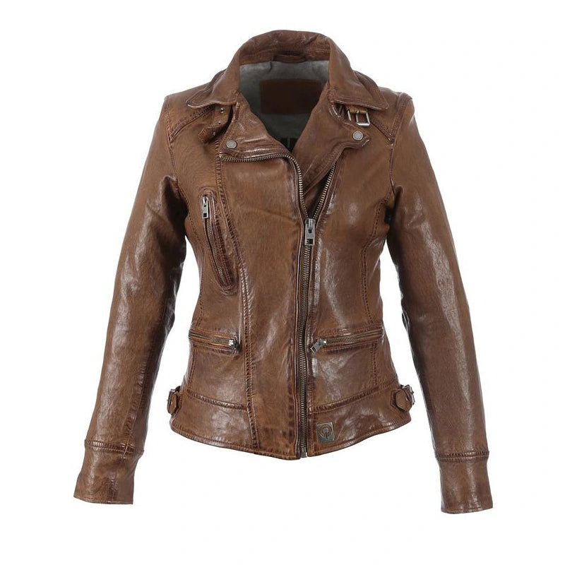 Women Brown Biker Waxed Leather Jacket Leather Jacket women front product view | Dash Racegear — Women Brown Biker Waxed Leather Jacket
