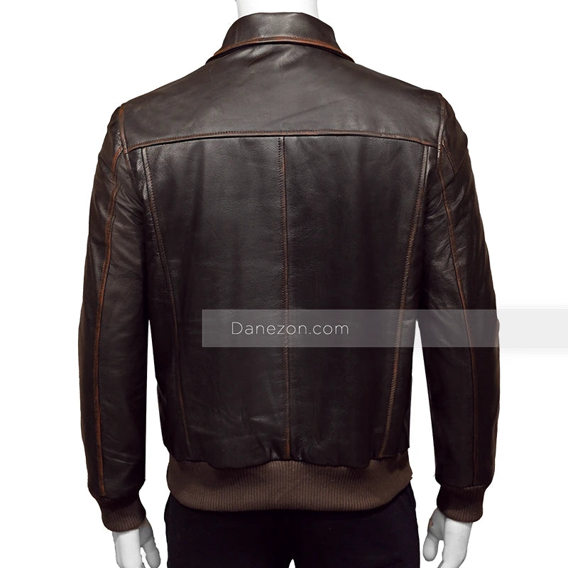 Mens Brown Bomber Distressed Leather Jacket Bomber Jacket men detail view 2 | Dash Racegear — Mens Bomber Distressed Leather Jacket