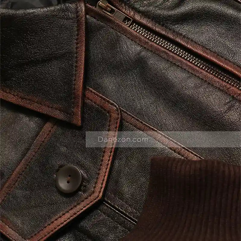 Mens Brown Bomber Distressed Leather Jacket Bomber Jacket men detail view 3 | Dash Racegear — Brown Bomber Distressed Leather Jacket Mens