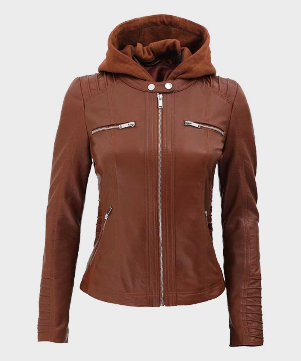 Womens Cafe Racer Brown Leather Jacket Biker Jacket women front product view | Dash Racegear — Womens Brown Cafe Racer Leather Jacket