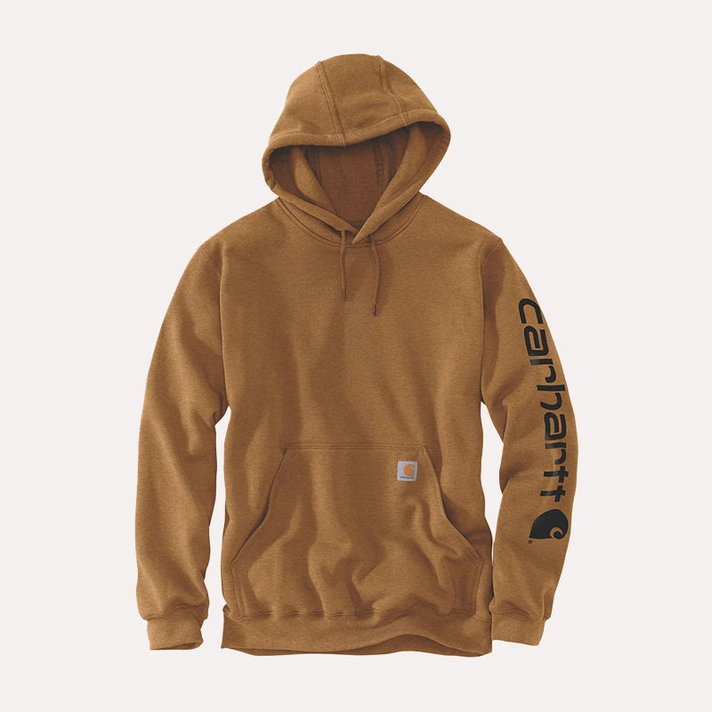 Brown Carhartt Sleeve Logo Hoodie Hoodie unisex detail view 2 | Dash Racegear — Unisex Carhartt hoodie in brown, showcasing a comfortable fleece material and prominent sleeve branding.