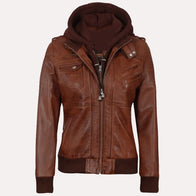 Womens Brown Hooded Bomber Leather Jacket Leather Jacket women detail view 2 | Dash Racegear — Womens Brown Hooded Bomber Leather Jacket