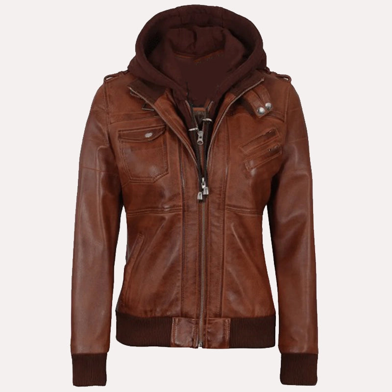 Womens Brown Hooded Bomber Leather Jacket Leather Jacket women detail view 2 | Dash Racegear — Womens Brown Hooded Bomber Leather Jacket